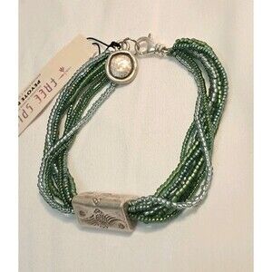 Peyote Bird Floral Silver & Multi-Strand Green Tones Beaded 7.5" Bracelet NWT